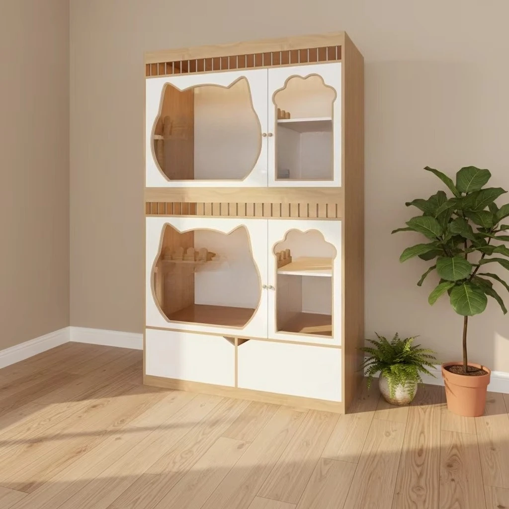 a forPremium Wooden Cat Condo Villa With Glass Enclosure And Cat Tree For Indoor Pet House, Cat Room