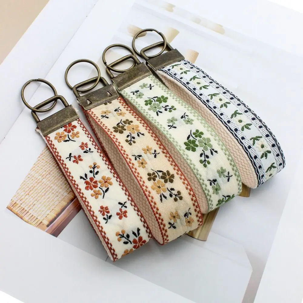 Floral Design Embroidered Wristlet Keychain Floral Embroidery Fabric Wristband Accessory Handmade Key Chain Lanyard EDC