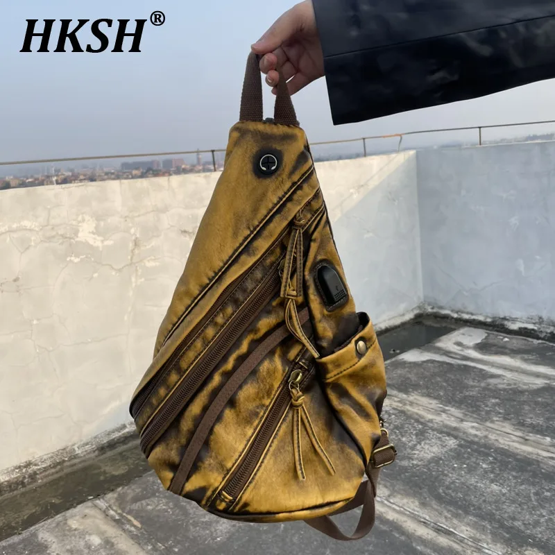 HKSH Crazy Horse Skin Large Capacity Waist Bag Single Shoulder Crossbody Bags Motorcycle Vintage PU Waste Land Chic Tide HK1415