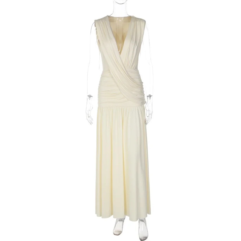 Mozision Elegant Deep V Neck Sexy Maxi Dress Women Fashion Sleeveless Draped Ruched Waist Bodycon Club Party Long Dresses Female