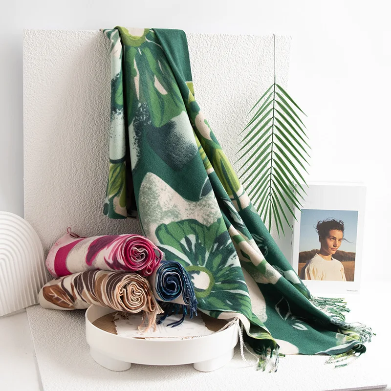 

Women's Versatile Imitation Cashmere Tassel Scarf with Winter Floral Style and Contrasting Color Atmosphere, Long Shawl