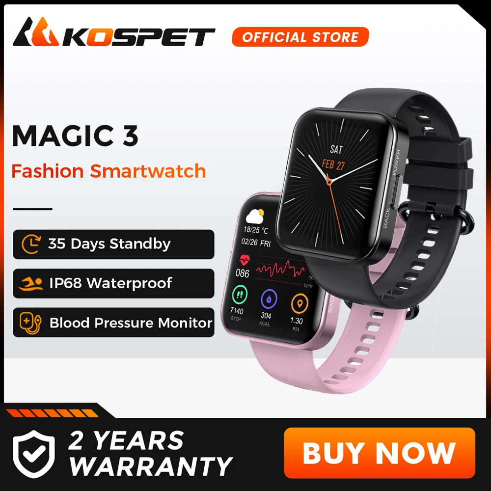 KOSPET MAGIC 3 Fashion Smartwatch for Men Waterproof Bluetooth 5.0 Band Sport Fitness Black Smart Watch Women for IOS Android