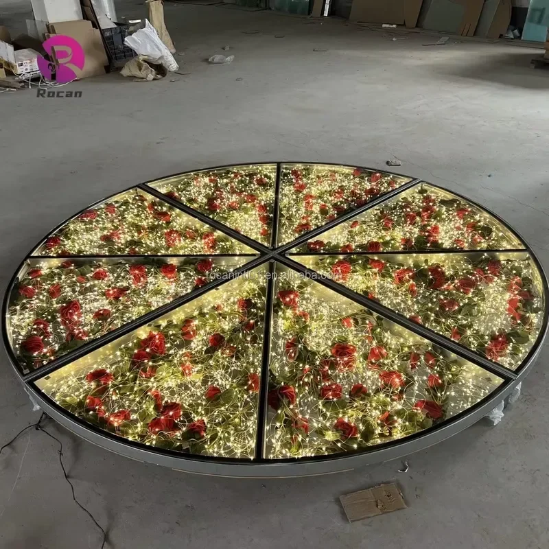8ft Round Stage Circle Dance Floor Ceremony Events Glass Stage with Starry Light Flower Decoration for Wedding Party