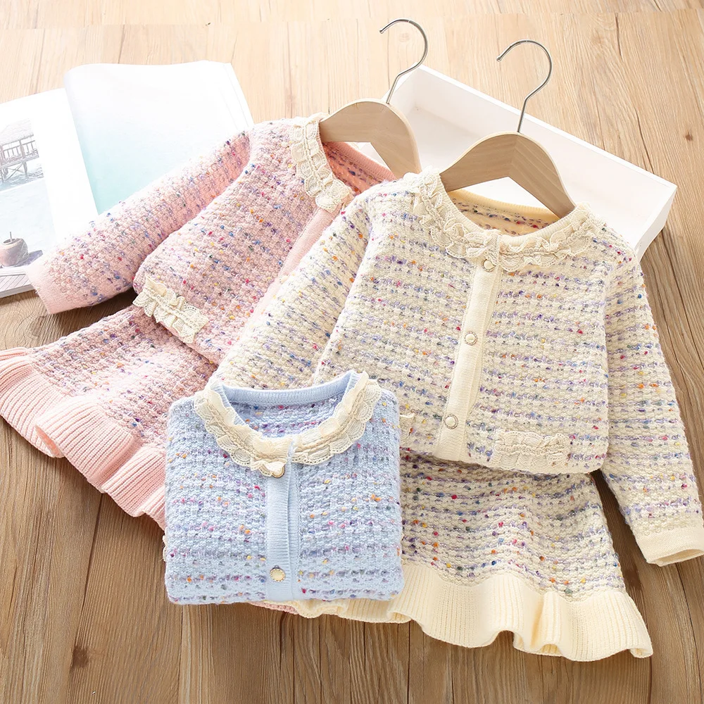 

Girls Clothes Sets Spring Autumn 2025 Children Woolen Jersey Sweaters Coats Skirts 2pcs Princess Dress Suit For Baby Outfit Kids