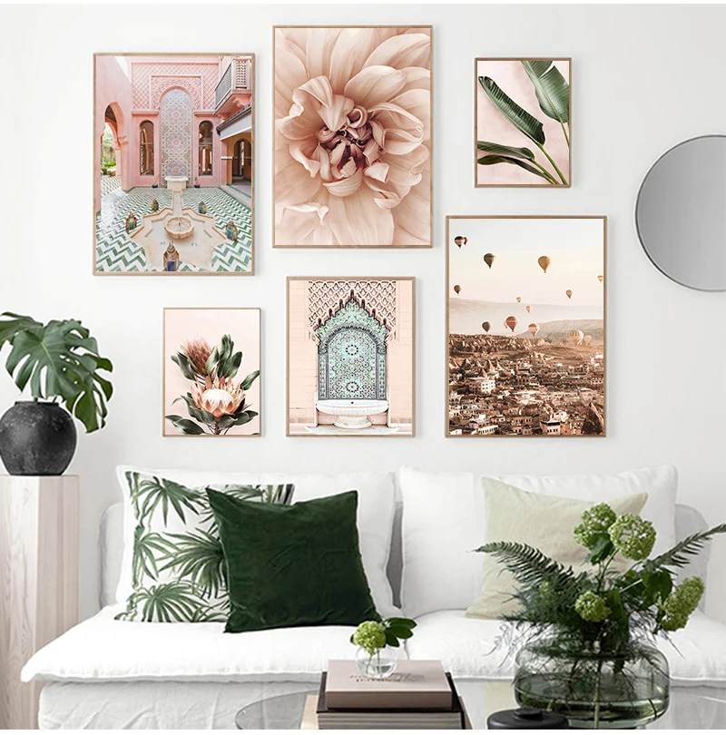 Pink Style Flower Poster Green Leaves Canvas Art Print Morocco Door Modern Wall Art Pictures for Living Room Decor