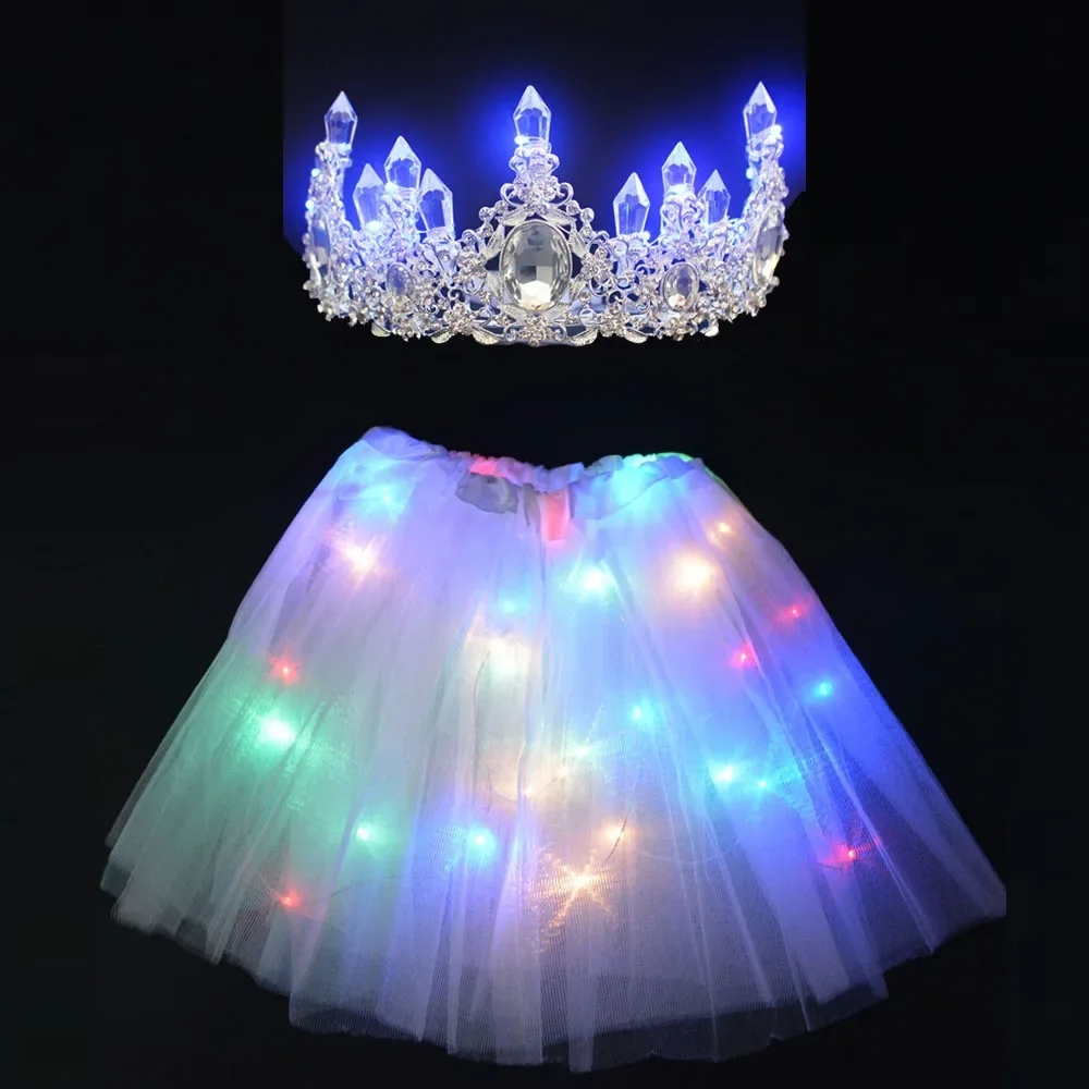 

Light Up Fairy Tutu Skirt Glow Crown Headband Party Birthday Princess Queen Costume Halloween Christmas for Children Girl Women