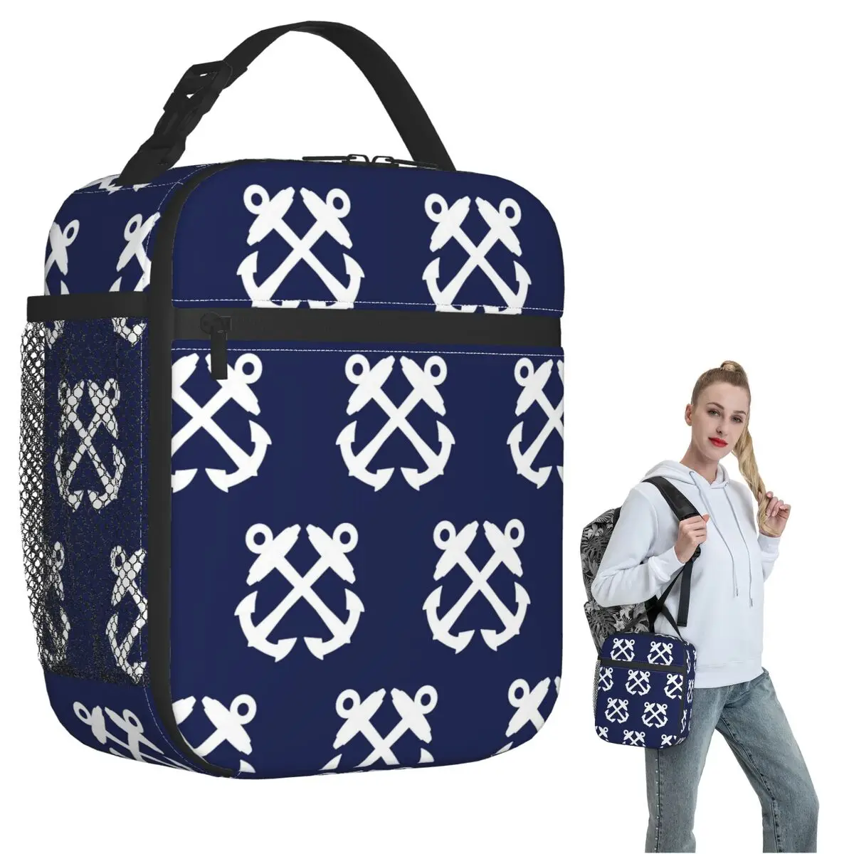 

Boatswains Mate Crossed Anchors - White Insulated Lunch Bag for Women Kids Leakproof Food Boxes Thermal Lunch Box Tote