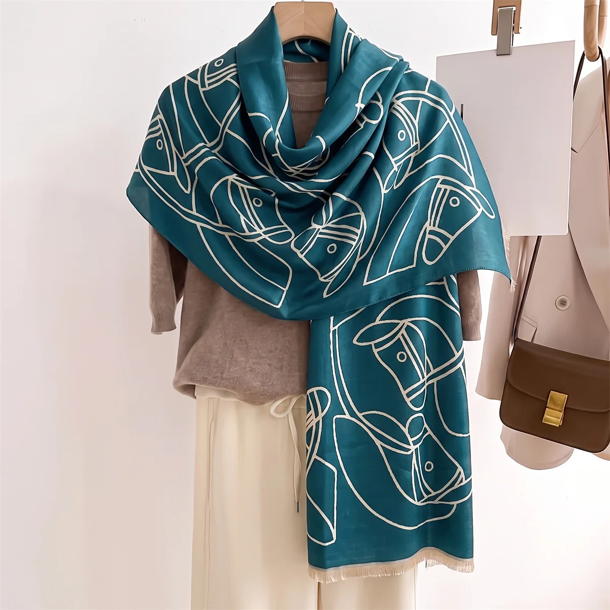 Versatile Satin Winter Shawl Ladies Elegant Wrap Art Sketch Horse Pattern Scarf Soft Fabric Peacock Blue Tassel Fashion