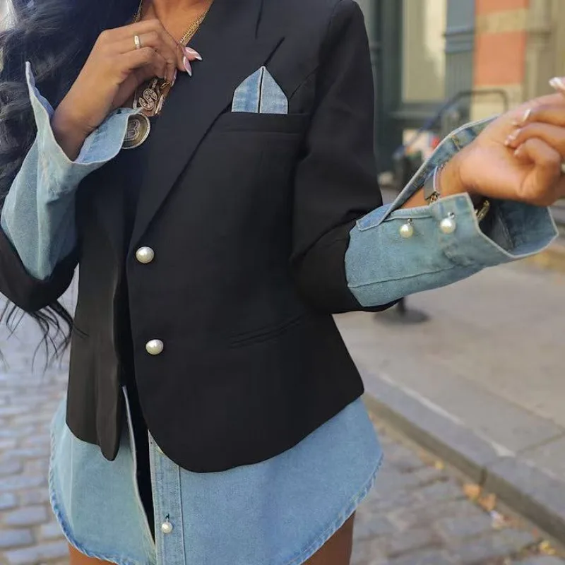 2025 New European and American Autumn Fashion Splicing Casual Denim Blazer For Women