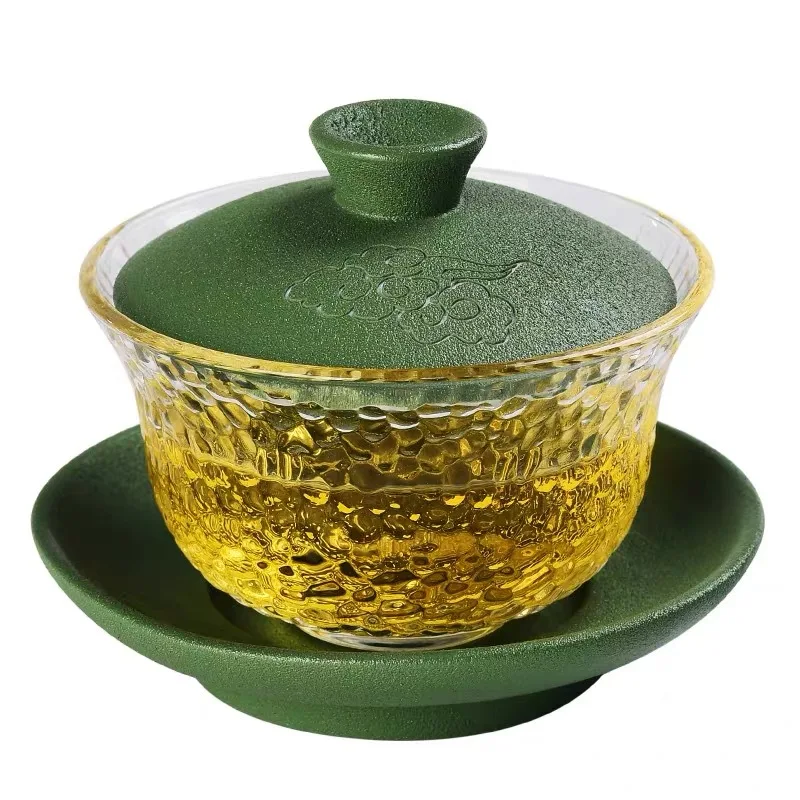 Tea Bowl Transparent  Gaiwan Heat-resistant Glass Cover Bowl Ceramic Household Toast Auspicious Clouds Chinese Red Green