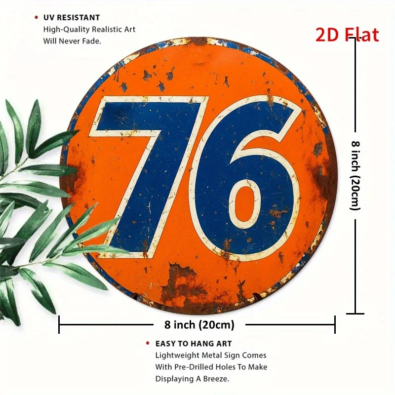 [2D Flat] Vintage 76 Gas Station Round Metal Sign - Rustic Orange & Blue Wall Decor for Home, Garage, Farmhouse, or Garden - Dur