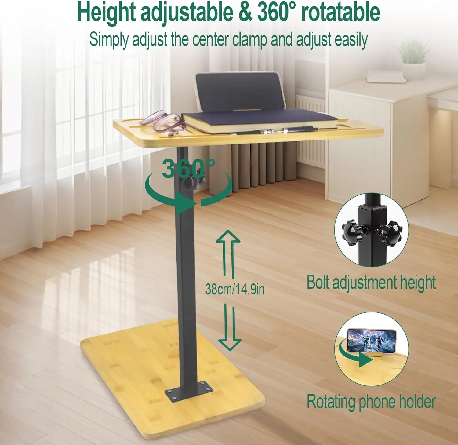 طاولة جانبية من الخيزران C 360 ° صينية تلفزيون دوارة للأريكة، طاولات جانبية للوجبات الخفيفة مع فتحة للهاتف والكمبيوتر اللوحي لحوض الاستحمام/الكرسي/السرير/الأريكة #2