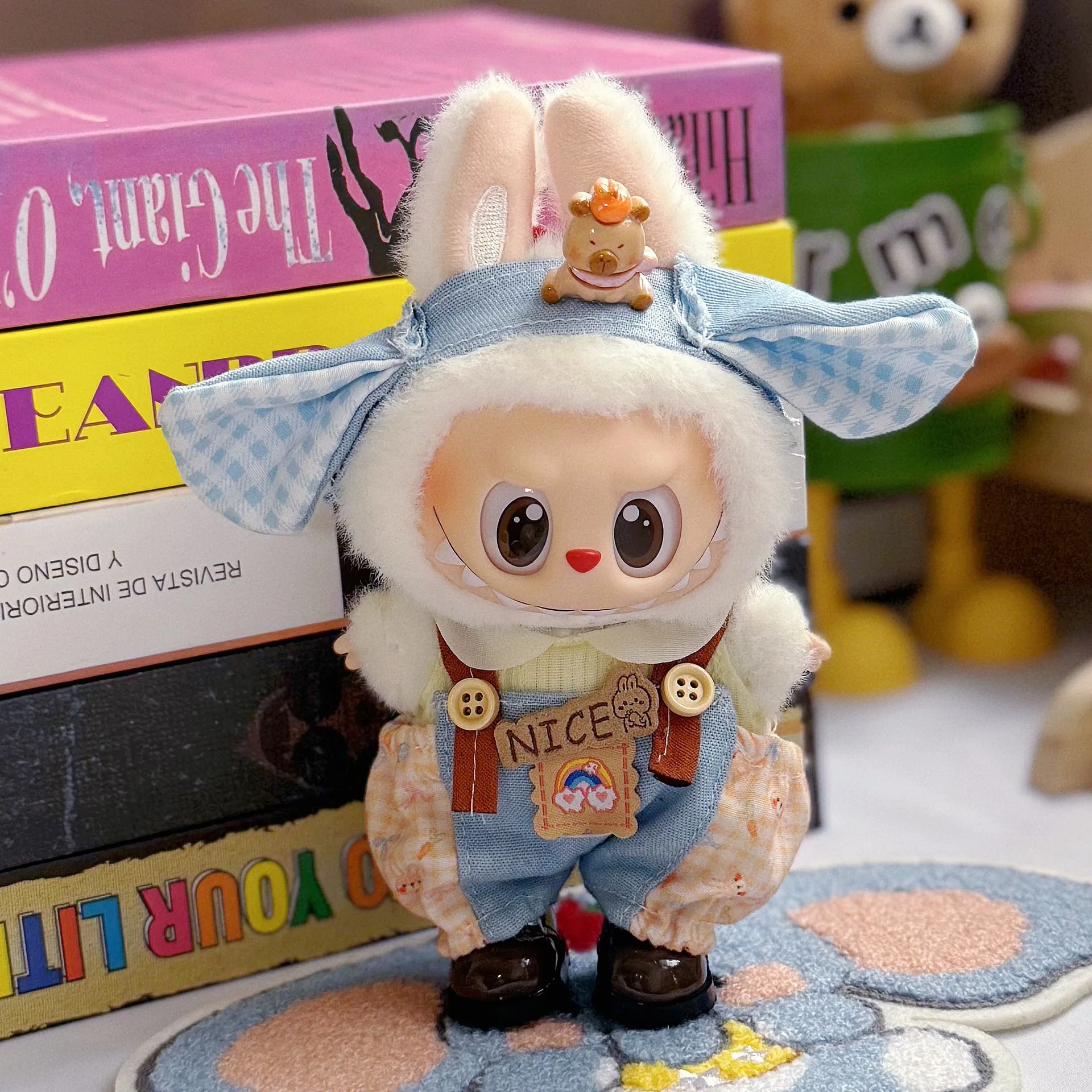 17 cm labubu doll clothing blind box, color-matching checkered overalls, hat, three-piece set, interchangeable