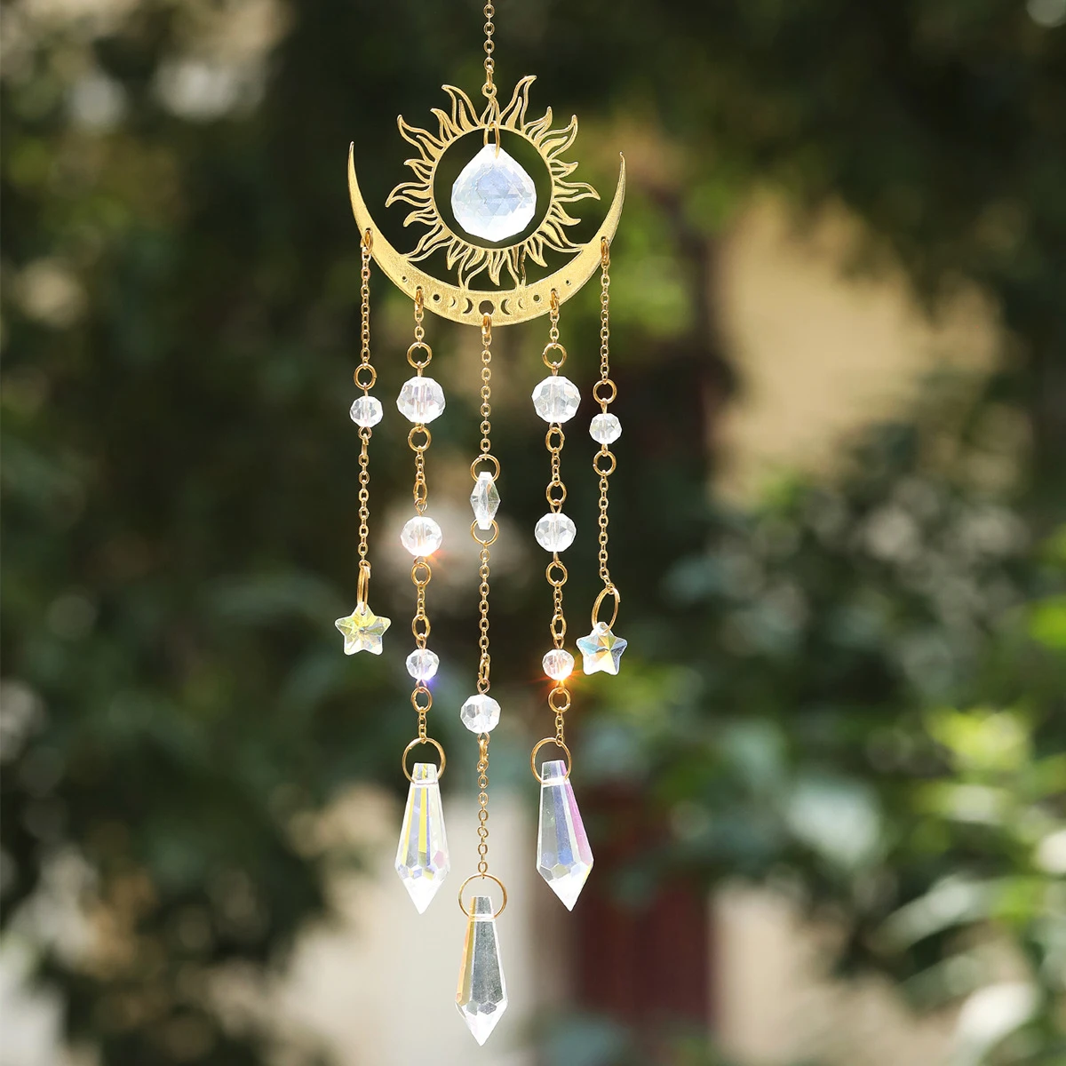 Moon and Sun Pendant K9 Crystal Suncatcher Outdoor Garden Decorations Rainbow Maker Colourful Hanging Sun Catcher Ornaments 1PCs