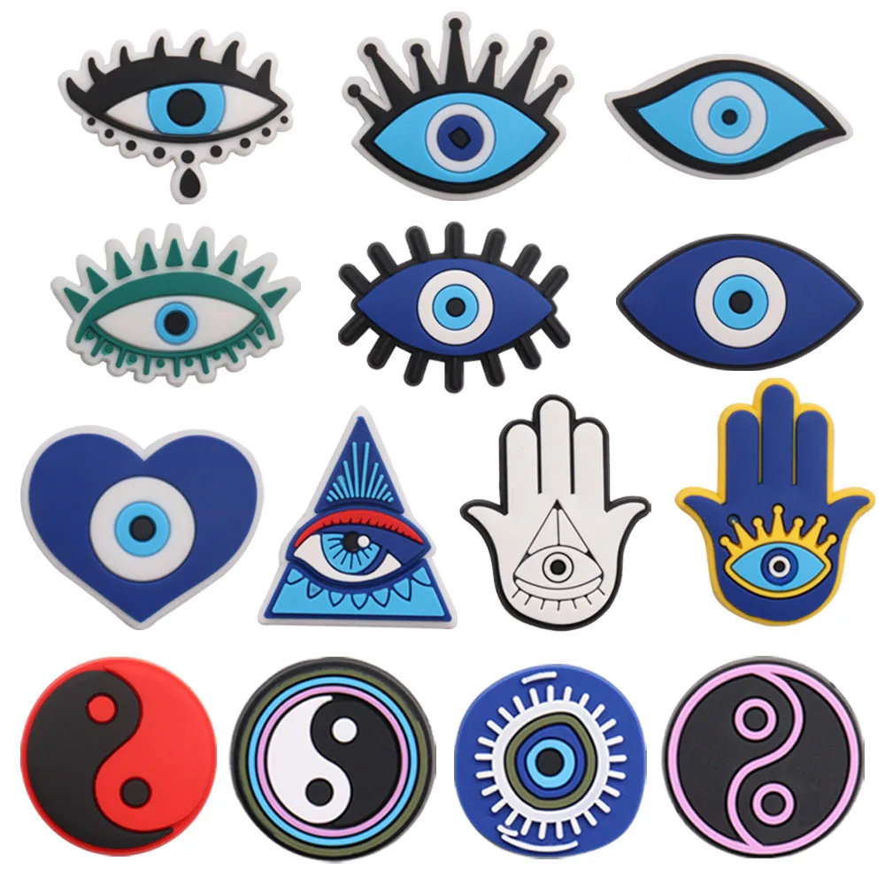 New 1-14pcs Cartoon Evil Eye Shoe Charms DIY Tai Chi Clogs Shoe Aceessories Fit Sandals Decorate Buckle Unisex Gifts