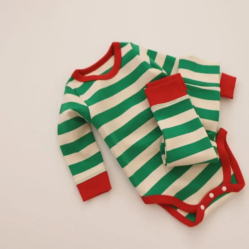 Pure Cotton Baby Pajamas Sets Red Green Striped Infant Boy Girl Pyjamas Romper Pants 2pcs Sets Long Johns for Christmas New Year