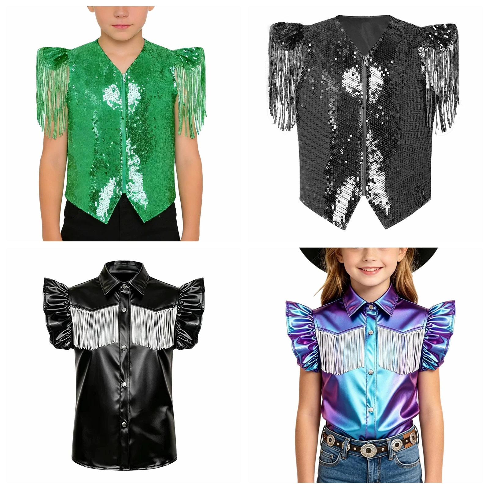 Children Cowboy Hippie Outfit Halloween Costumes Kids Girls Western Cowgirl Costume Metallic Turn-down Collar Tassel Shirt Tops