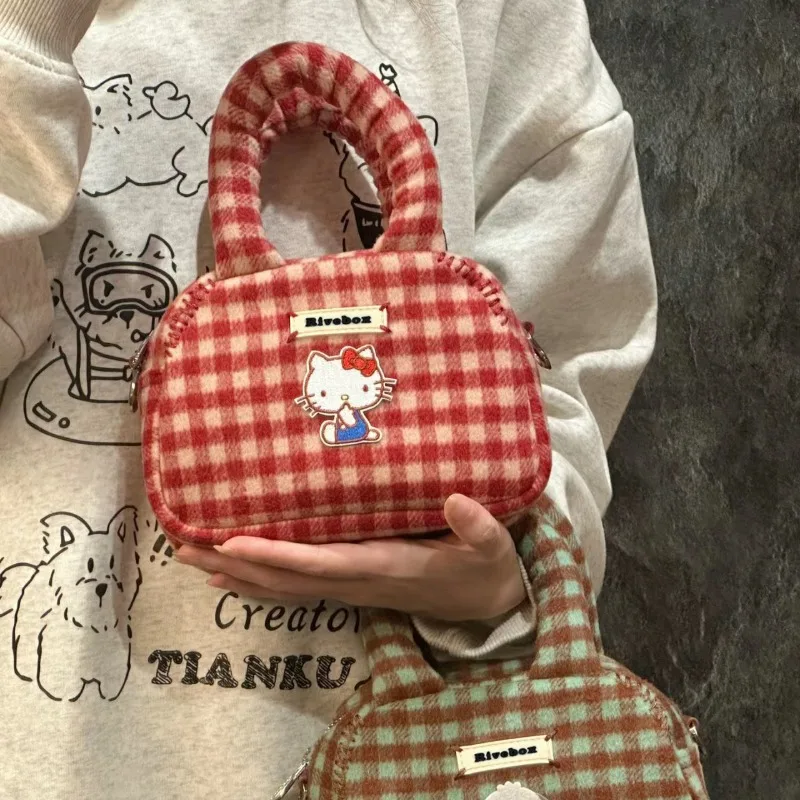 

Xiuya Plaid Cute Handbags for Women Hello Kitty Fashion Small Vintage Embroidery Shoulder Bag Y2k Red Harajuku Sweet Ladies Bag