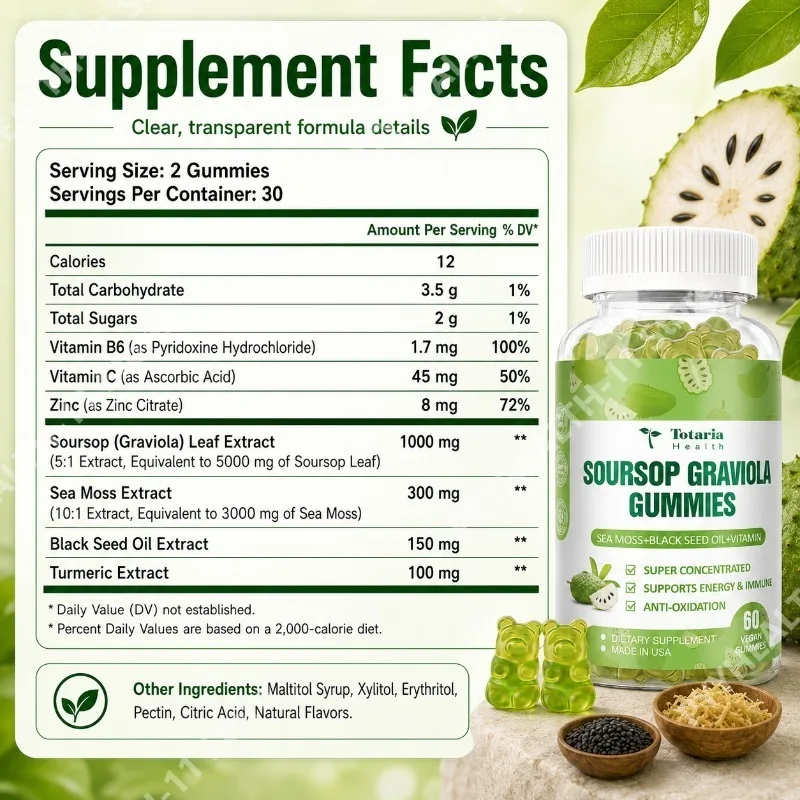 Soursop Graviola Gummies with Sea Moss Black Seed Oil Vitamin Energy Antioxidant Immune Wellness Support 60 Count