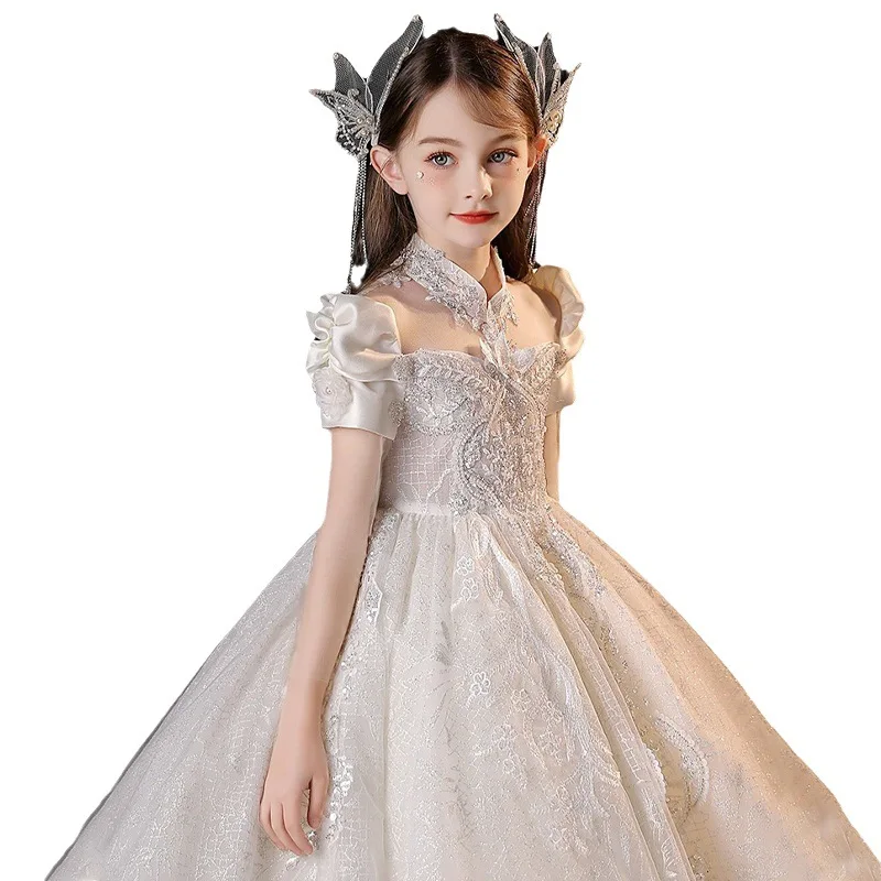 2024 Luxury Royal Party Dress for Girls Teenage Girl Elegant Sequins White Evening Dresses Children Gala Ball Gown Kid Partywear