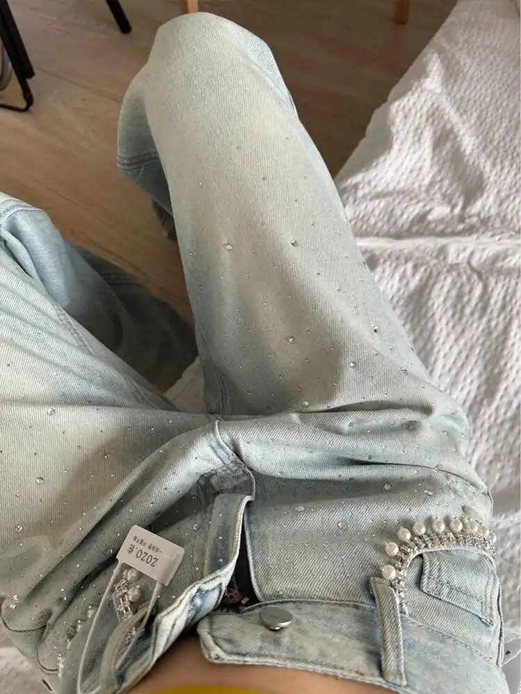 대형 라인 석 청바지 여성 봄/여름 새로운 높은 허리 구슬 주머니 느슨한 넓은 다리 바지 패션 틈새 데님 바지