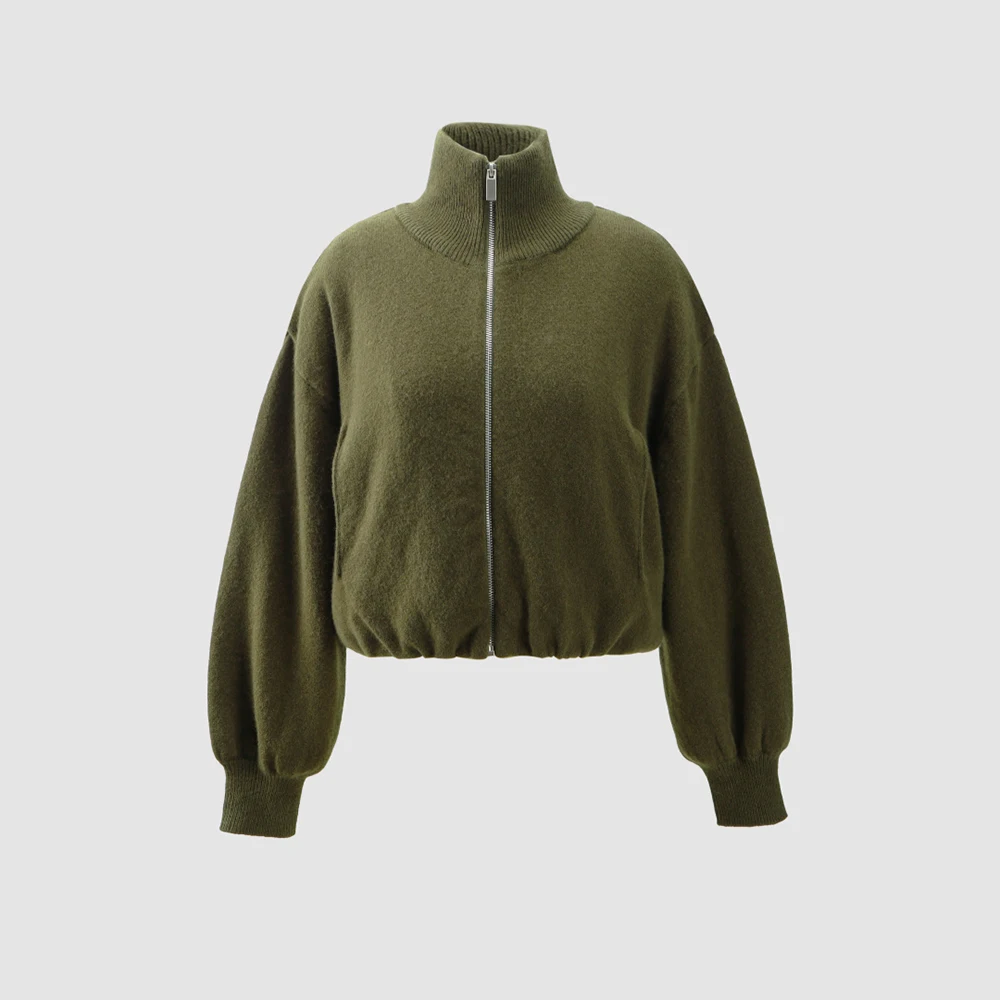 

100% Wool Knit Jacket for Women, Military Green Elegant Commuter High-Neck Jacket 2025 Fall/Winter New Arrival Y2K Style