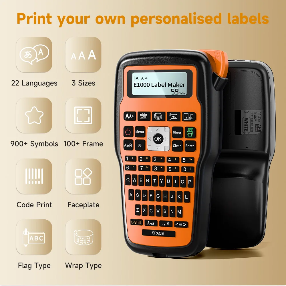 E1000 PRO Draagbare Krimpkous Labelprinter Industriële Labelprinter Compatibel Brother HSE-231 HSE-631 voor Markering Kabels