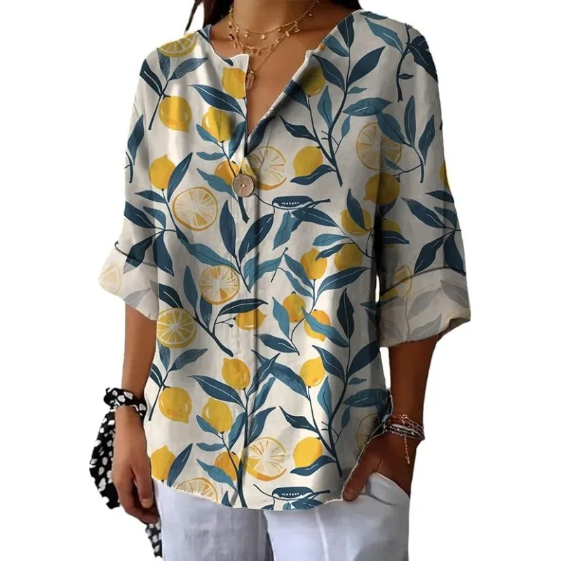 

Women's Long Sleeve Shirt New Summer 3D Print V-Neck Button-Down Shirt Geometric Pattern Fruit Flower Print Casual Women's Shirt