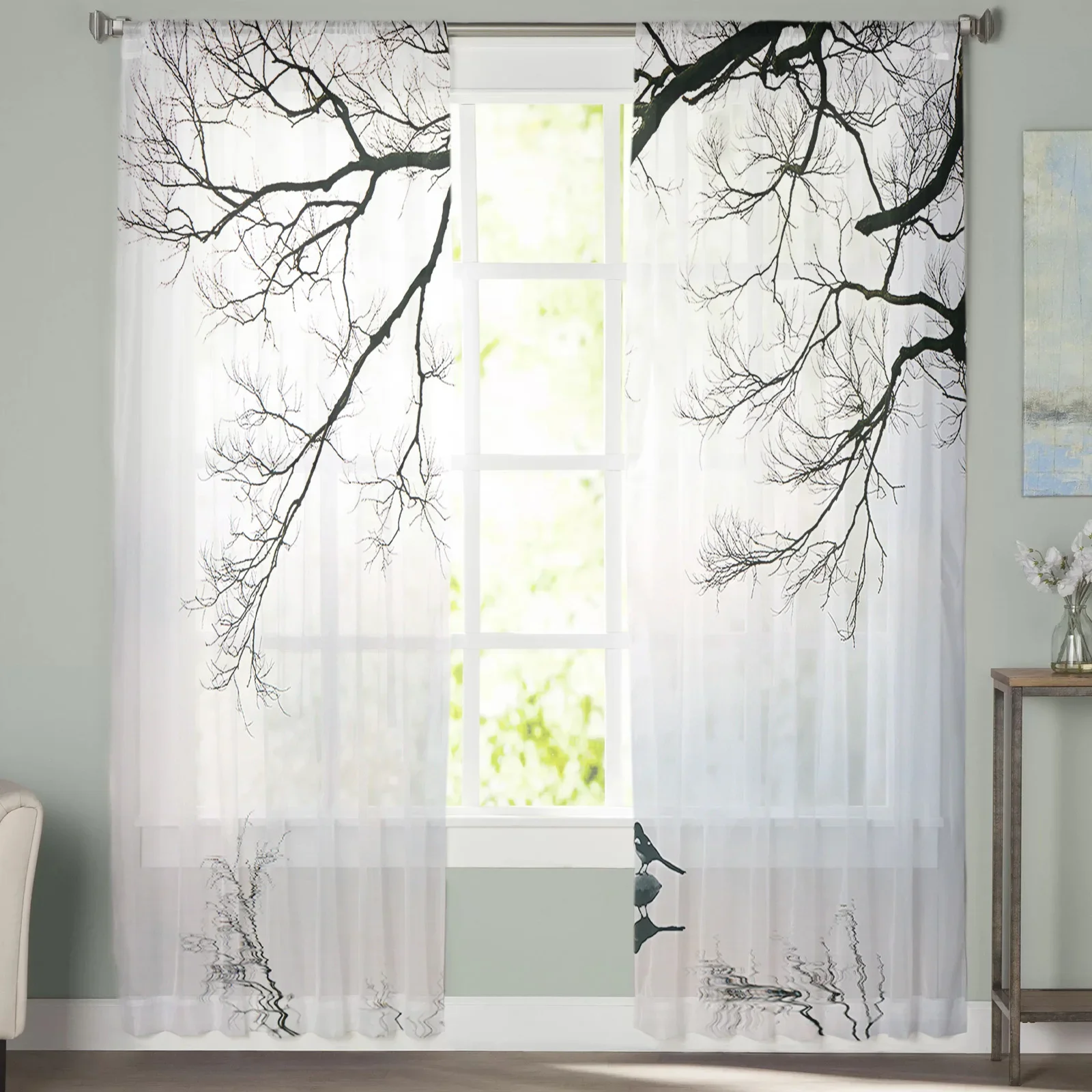 Dead Tree Chinese Wind Bird Reflection Tulle Curtains for Bedroom Home Decor Living Room Kitchen Voile Curtains for Blind Drapes