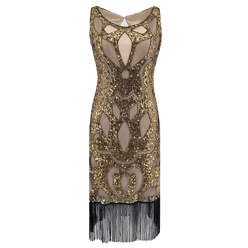 Sexy Golden Great Gatsby Dress Retro Scoop Neck Sequin Beaded Fringe Dress Women Roaring 20s Flapper Party Dress