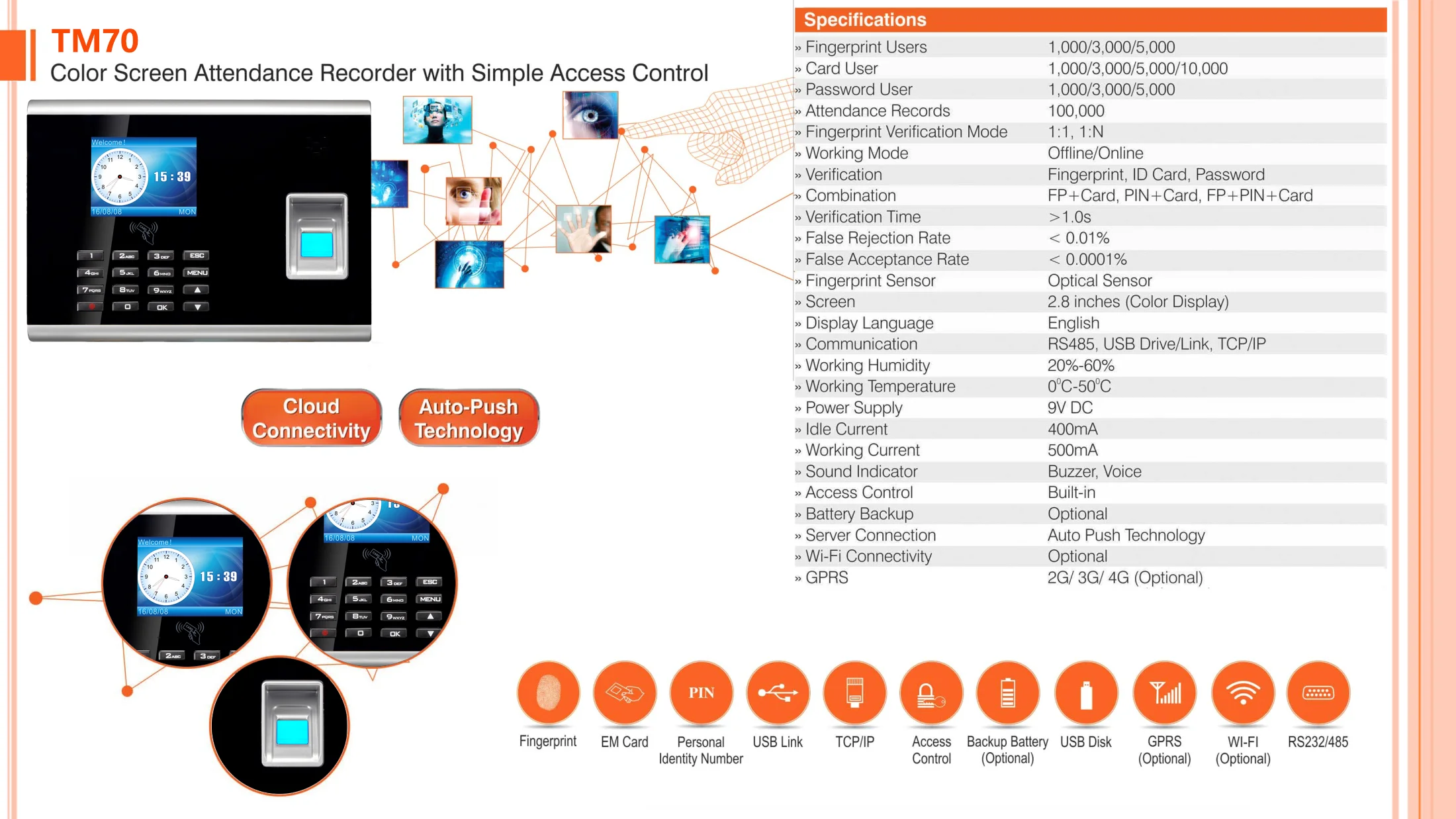 Imagem -05 - Fingerprint Wifi Sistema Biométrico Nuvem Web Aplicativo Móvel Poe Fonte de Alimentação Rs232 Rs485