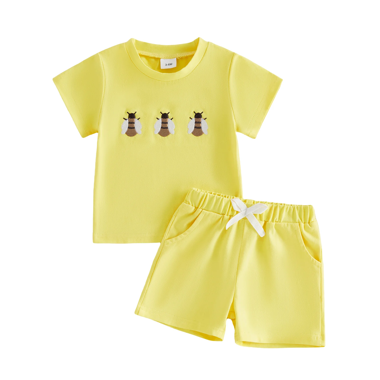 

Летняя одежда для маленьких девочек, футболка с короткими рукавами и вышивкой в ​​виде цветов и пчел, комплект из эластичных шорт, милая одежда из 2 предметов