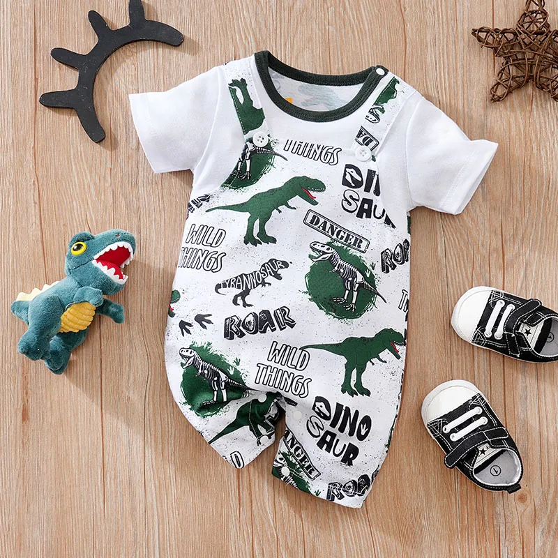 Newborn Baby boy Clothes green dinosaur printing  Jumpsuit Summer Short Sleeve Romper Infant Toddler Pajamas One Piece Outfit