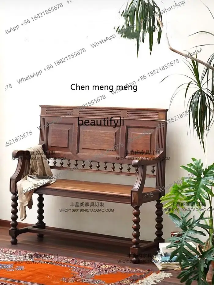 E153 Vintage Solid Wood Hollow Double Sofa Simple European Retro Distressed Solid Wood Chair French Old Shanghai Bench Church Ch