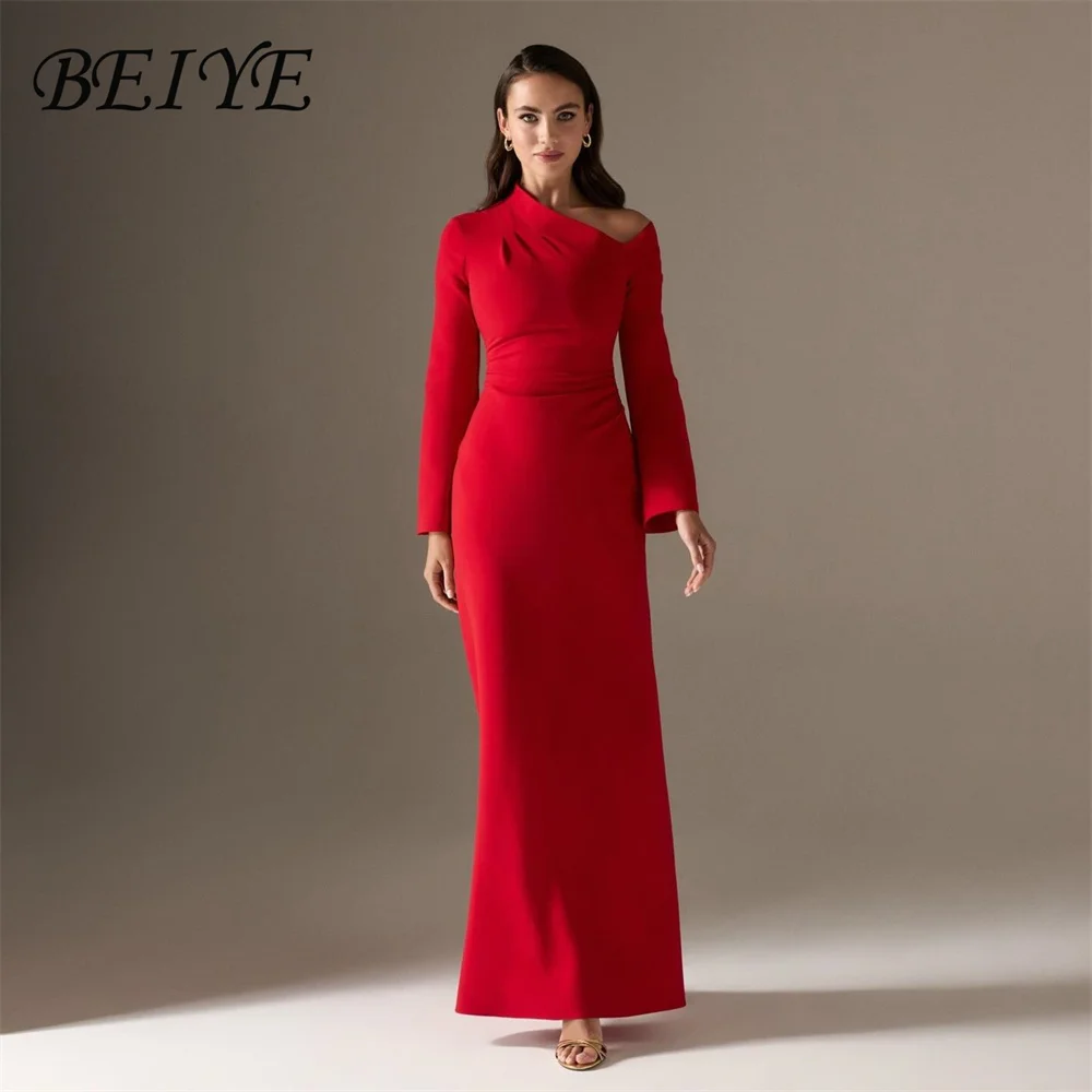 

BEIYE Classic Red Sheath Evening Dress Women 2026 Long Sleeves Strapless Pleat Ankle Length Prom Dress Party Gowns Customized