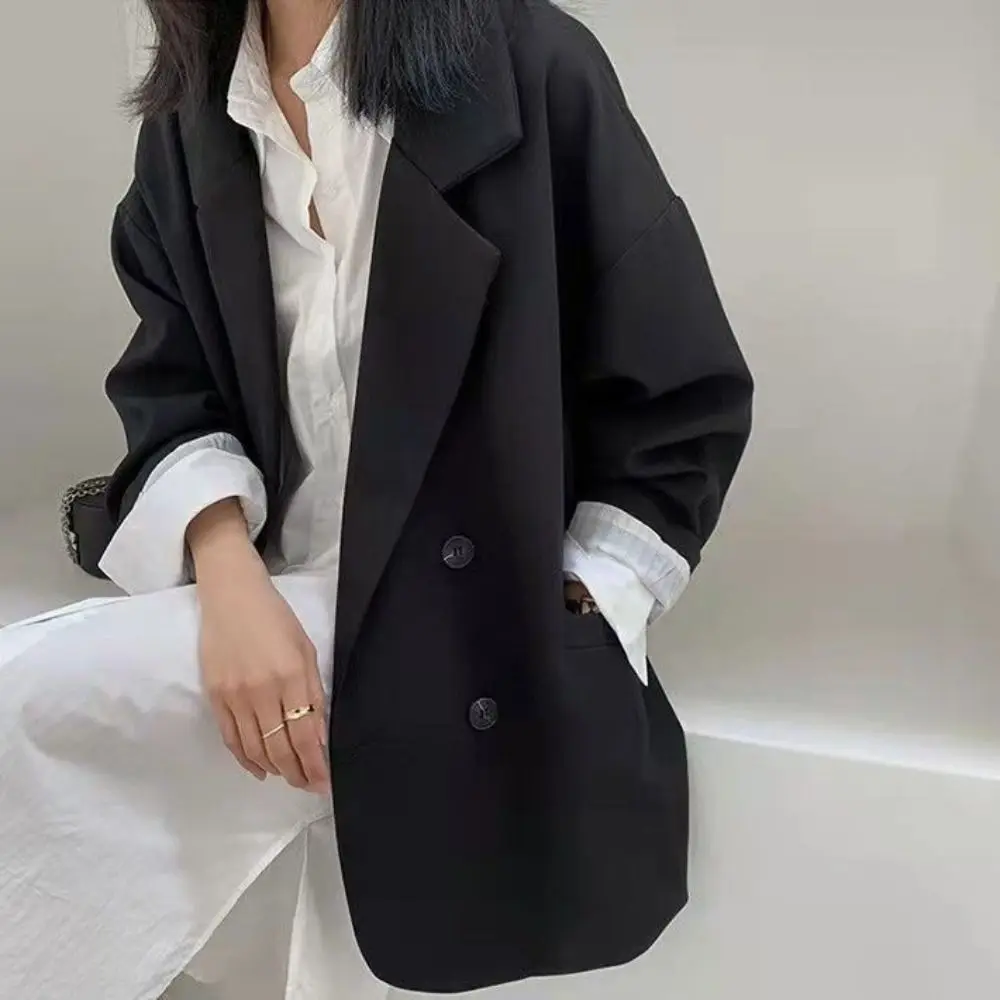 Double-breasted Vintage Jasje Oversized Lange Mouw Notched Jas Vrouwen College Kleding Koreaanse Stijl Casual Losse Blazer