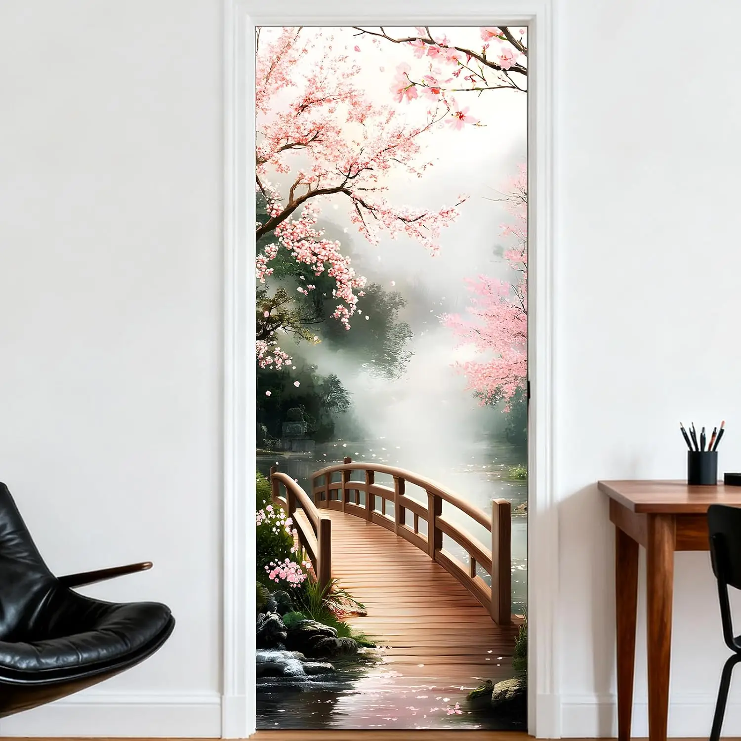 Cherry Blossom Bridge Door Sticker Pink Flowers Japanese Garden Wall Decal Zen Nature Self-Adhesive Removable Mural Decor Art