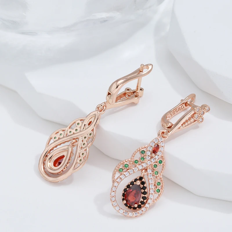 Kinel 2022 New 585 Rose Gold Color Drop Earrings for Women Crystal Flower Red Natural Zircon Earrings for Women Vintage Jewelry