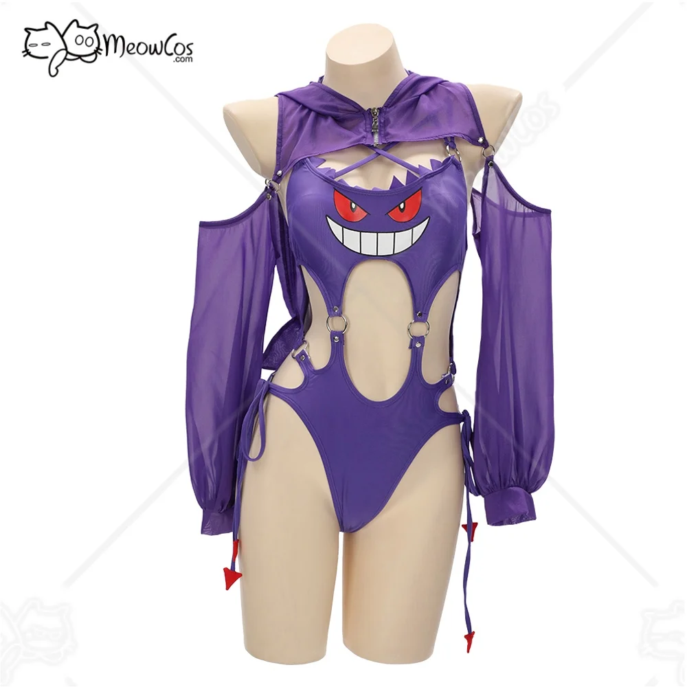Meowcos Women Gothic Swimwear Purple Ghost Sexy Beachwear Mini Skirt One-Piece Swimsuit with Cover Up