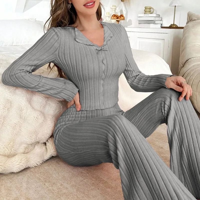 Cozy Bowknot Detail Women's Soft Flannel Pajama Set, Lapel Collar Long Sleeve & Long Pants, Thick Warm Relaxed Fit Fall Winter H