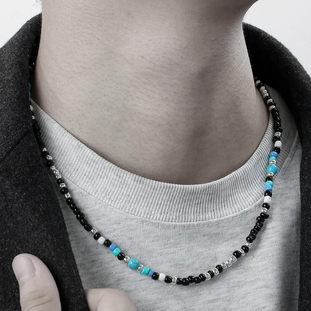 Vintage Blue Black Rice Bead Beaded Short Necklace Trend Casual For Men Necklace Bohemian On Neck Jewelry