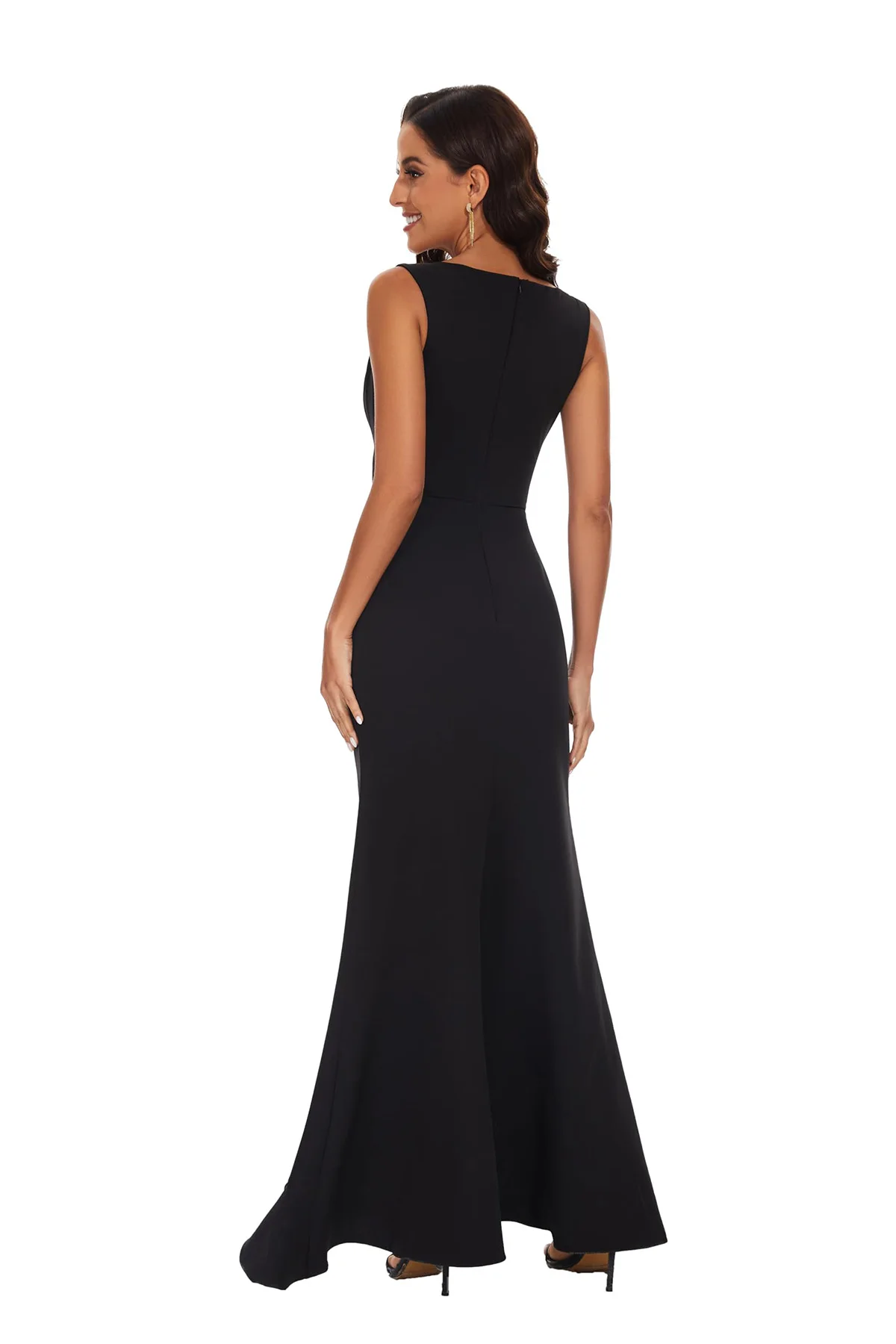 Elegant Black Cocktail Gowns V Neck Chiffon Floor-Length Dresses Sleeveless Ruffle  Formal Evening Dresses for Women