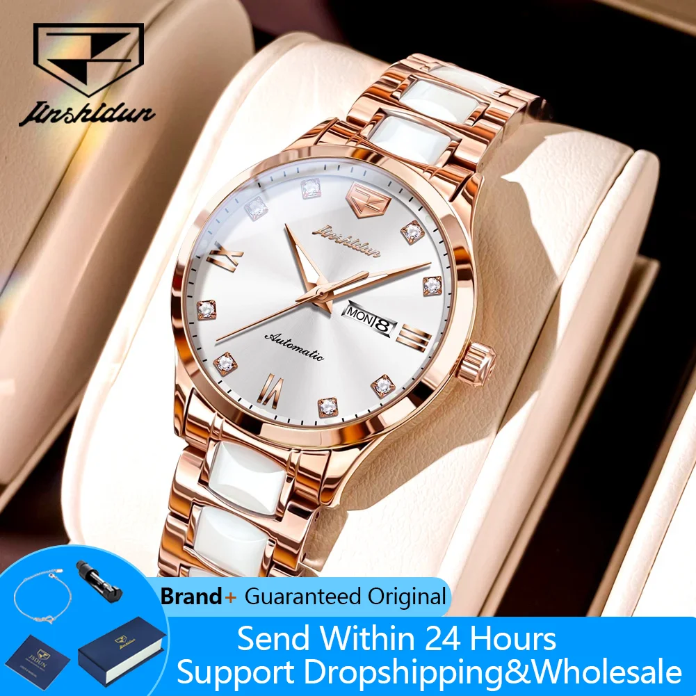 

JSDUN 8947, женские часы, модные деловые механические часы для женщин, керамический стальной ремешок, водонепроницаемые наручные часы с двойным календарем