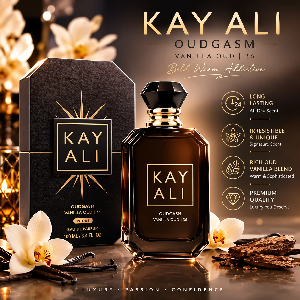 KAY ALI Oudgasm Vanilla Oud 36 EDP 100ml Long Lasting Perfume Unisex Oriental Woody Sweet Fragrance Luxury Scent 3.4oz