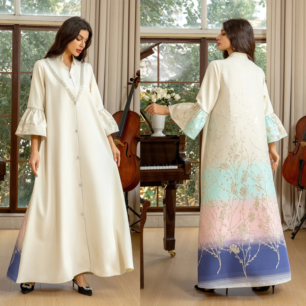 

Gradient Abaya Women Flowers Jacquard Dress Fashion Stand V-neck Beads Jalabiya Muslim Loose Robe Flare Sleeves Clothing Caftan