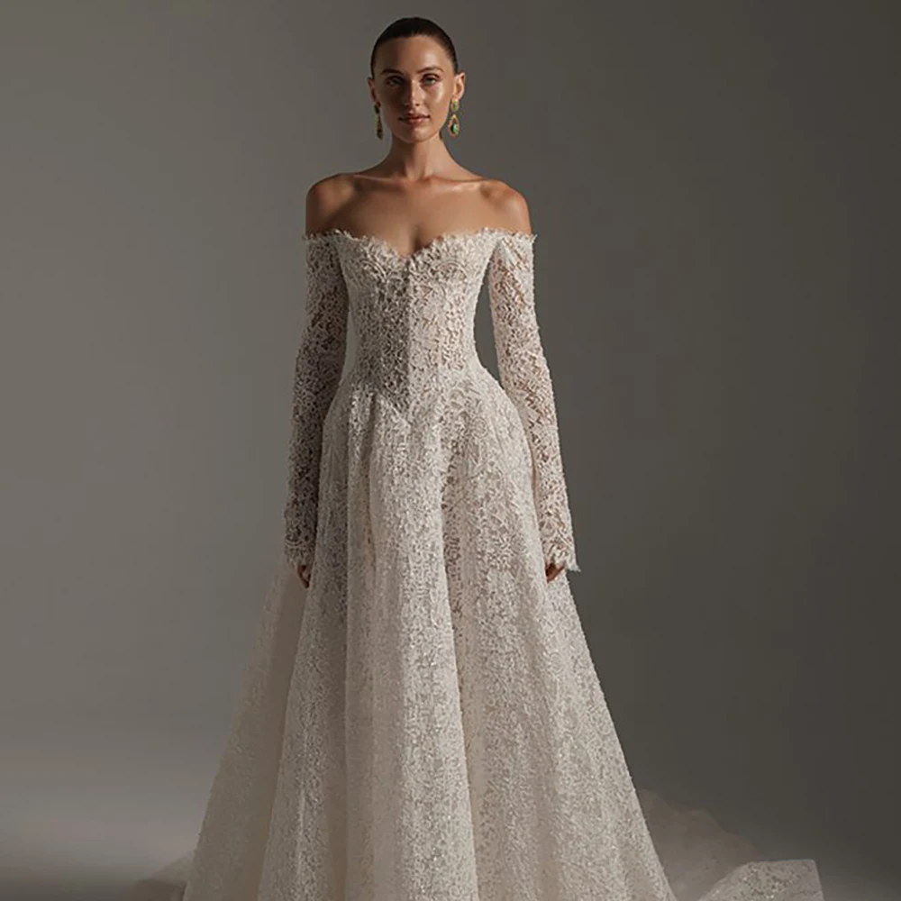 Off Shoulder Lace Wedding Dress Long Sleeves A Line Pearls Beading Court Train Bridal Gowns Elegant Ivory Robe De Mariage 2026