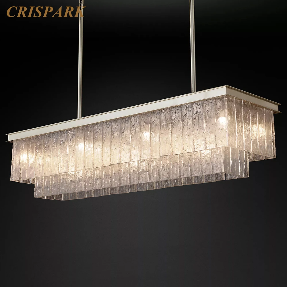 Glace Rectangular Chandelier LED Modern Two-Tier Textured Glass Ceiling Chandelier Lamp Linear Island Lustre for Dining Table