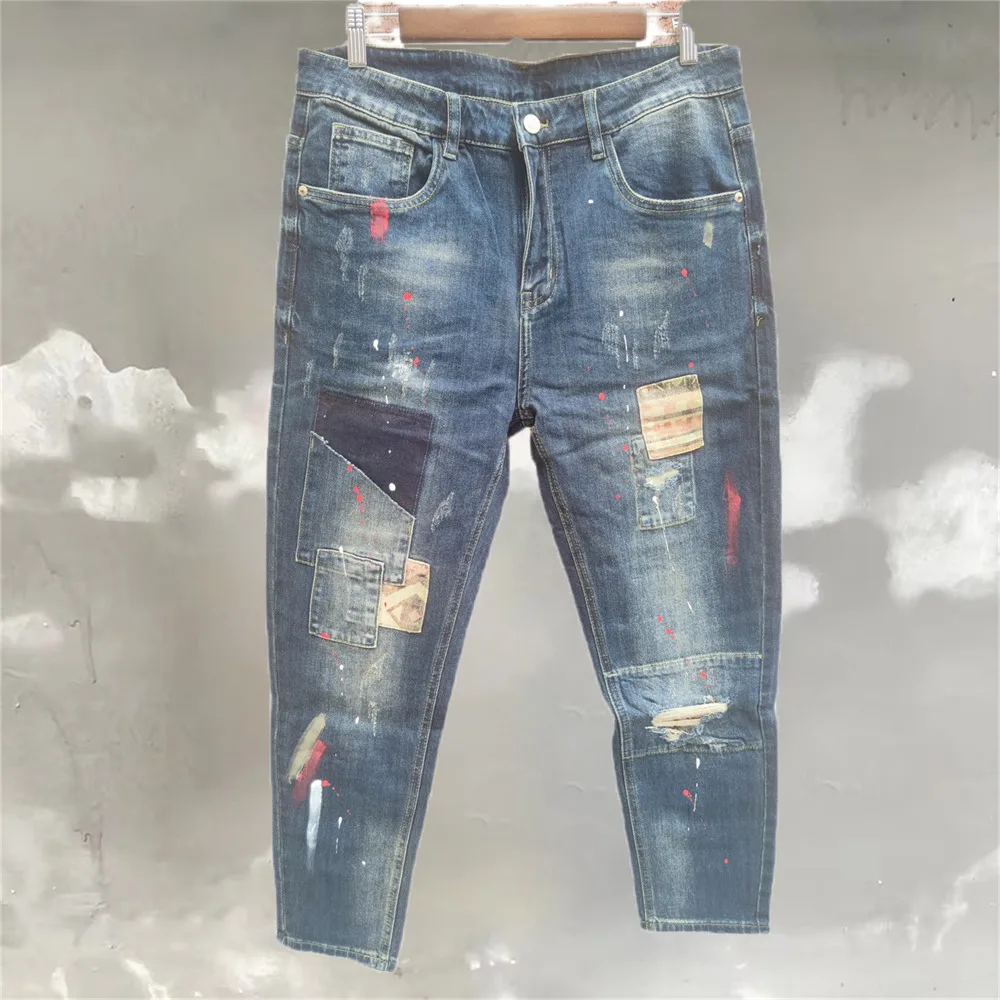 

European New Slim Fit Jeans Trousers For Men Retro Patchwork Designer Jeans Stretchy Long Pants Vaqueros Hombre Pantalon