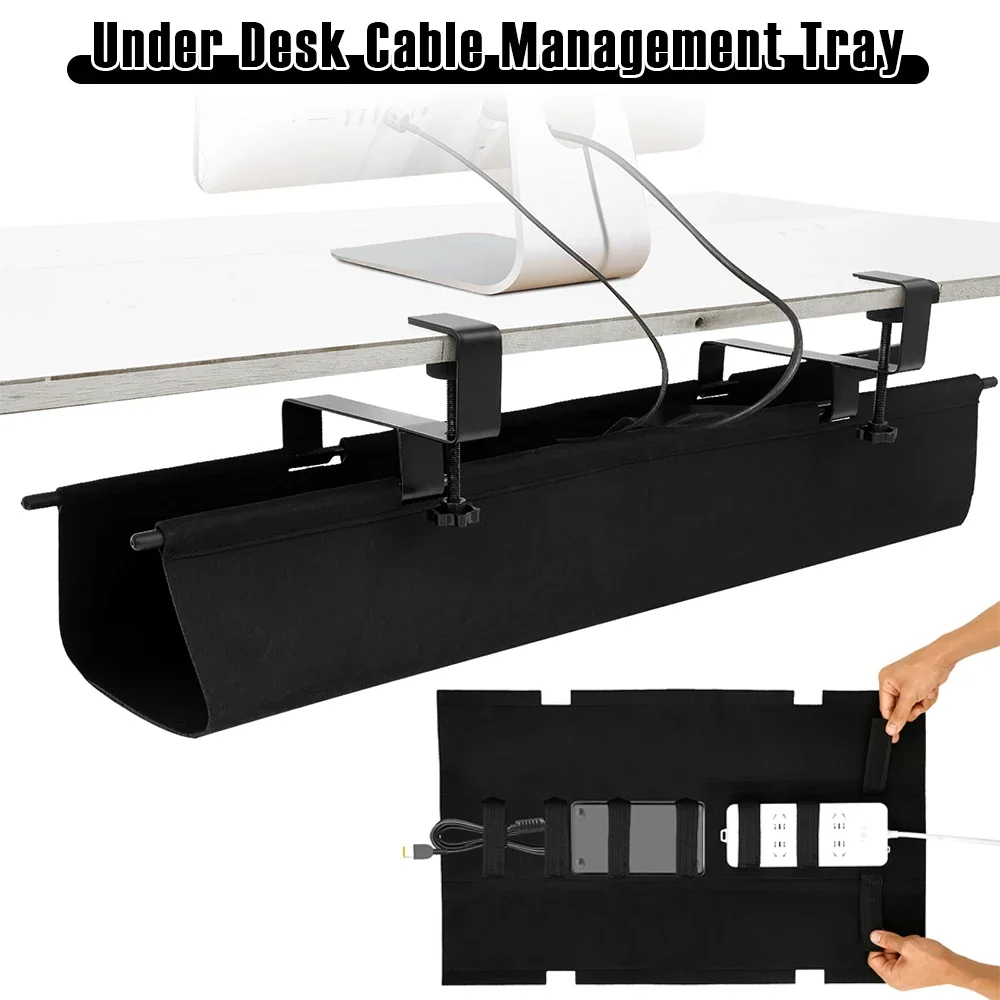 Kabelmanagement-Tablett unter dem Schreibtisch, kein Bohren, Kabel-Organizer unter dem Schreibtisch mit 2 Haken, Aufbewahrungsregal aus gewebtem Stoff für das Arbeitszimmer im Home Office