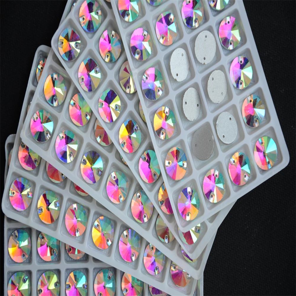 Großhandel Crystal AB Rivoli zum Aufnähen, Stein, flache Rückseite, 2 Löcher, 8,10,12,14,16,18 mm, runde Glas-Nähkristallperlen, Kleiderherstellung – Detail 1
